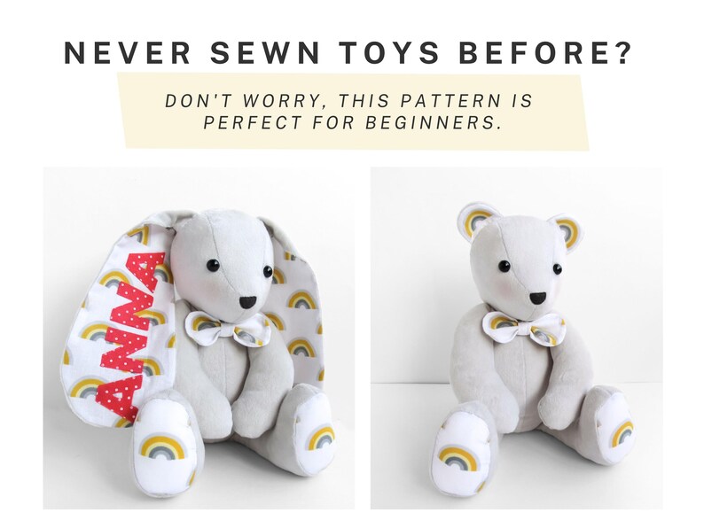 K&ouml;nnte beinhalten: Ein Schnittmuster f&uuml;r ein Stoffhasen und einen B&auml;ren mit dem Text NEVER SEWN TOYS BEFORE? DON'T WORRY, THIS PATTERN IS PERFECT FOR BEGINNERS. Der Hase hat lange Ohren mit roten Punkten und Regenbogenmustern, beide tragen eine kleine Fliege.