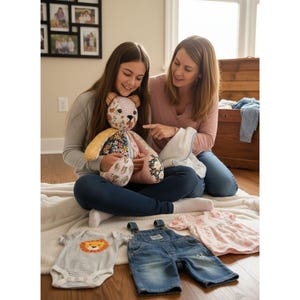 May include: Two people are seated on a rug, examining a handmade teddy bear with floral and patterned fabric. Baby clothes, including a striped onesie with a lion graphic, denim overalls, and a pink dress, are laid out nearby. The scene suggests a baby shower or nursery theme.