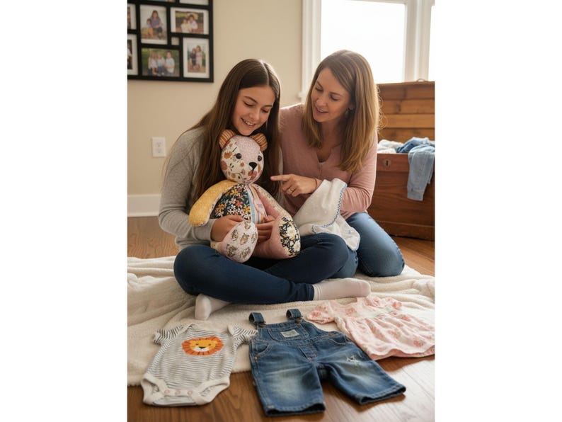 May include: Two people are seated on a rug, examining a handmade teddy bear with floral and patterned fabric. Baby clothes, including a striped onesie with a lion graphic, denim overalls, and a pink dress, are laid out nearby. The scene suggests a baby shower or nursery theme.