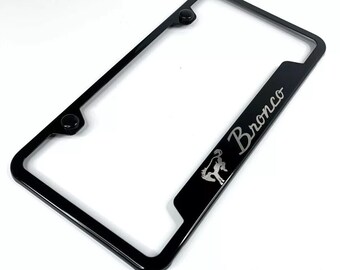 IPick Image Ford Bronco License Plate – 3D Chrome Logo On Black Carbon Fiber, Stainless Steel, USA Made