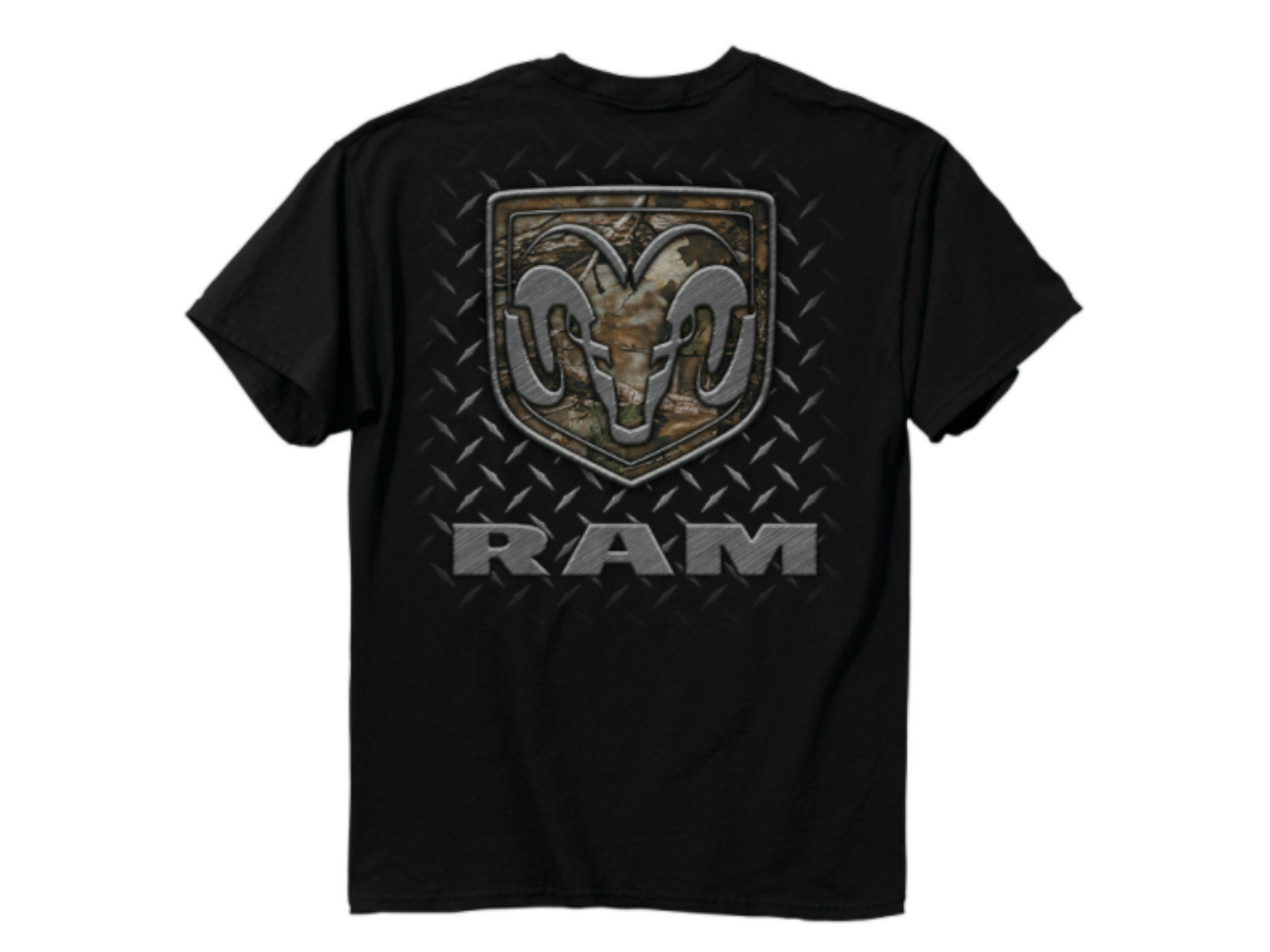Black Dodge Ram Trucks Camo Diamond Plate Design T-Shirt, image size:2700x2025