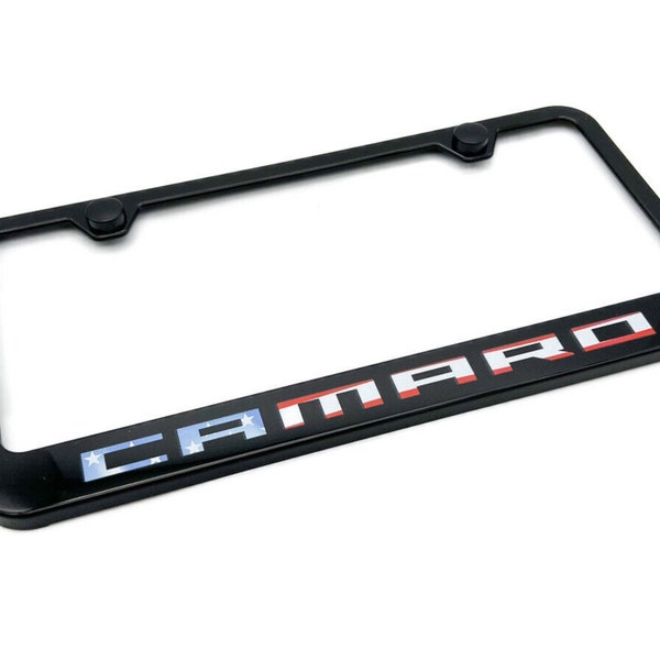 Black Plastic License Plate Frame w/ Chevy Camaro US American Flag Script Logo