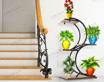 Supports pour plantes en bois et en métal faits main à 3 niveaux | Support pour plantes d'intérieur | Jardinière | Support pour plantes d'extérieur | Étagère pour plantes | Cadeau pour amoureux des plantes