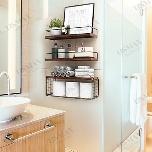 Set of 3 Wooden Bathroom Shelves With Basket | Bathroom Organizer | Over Toilet Storage | Bathroom Storage | Kitchen Shelves | Wall Shelves