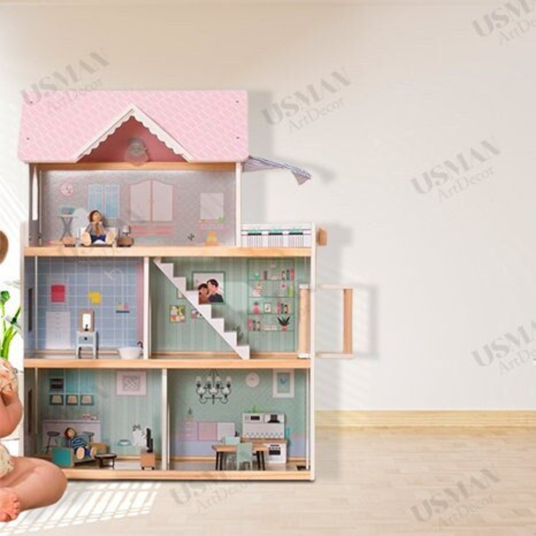 Maison de poupées tournante 3 étages en bois