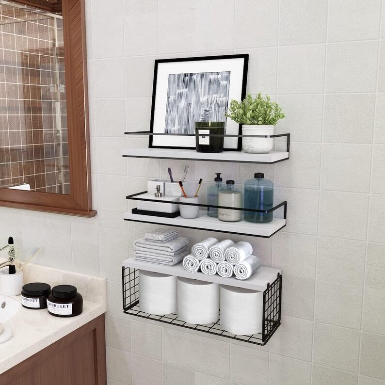 Set of 3 Wooden Bathroom Shelves With Basket Bathroom Etsy Canada