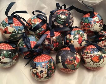 Vintage Lot of 12 Paper Mache Ornaments - Snowman Themed