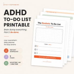 May include: ADHD to-do list printable with the text "Brain dump everything. Pick 3. Be done." The planner includes sections for daily tasks and is designed for busy brains. The design includes a download icon, page count, and size information.