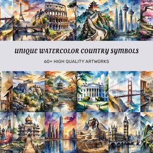 Stampe di paesaggi ad acquerello, 60+ Mega BUNDLE di alta qualità, città ad acquerello, stampe di ponti, set di simboli locali stampabili, download digitale