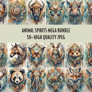 May include: A digital download of 50+ high-quality watercolour animal spirit illustrations. Each image features a different animal, such as a tiger, eagle, deer, and butterfly, surrounded by geometric patterns and a mandala-like design.