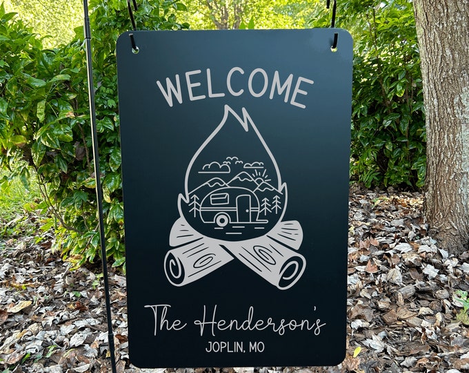 Personalized Camping Metal Garden Flag: Engraved Family Name Sign