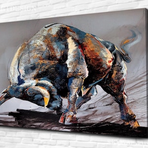 Stier Leinwand Wanddekor, Tier Poster Kunst, abstraktes Stier Ölgemälde gedruckt, Unternehmermotivation, Stier Statue Leinwand, Manneshöhle