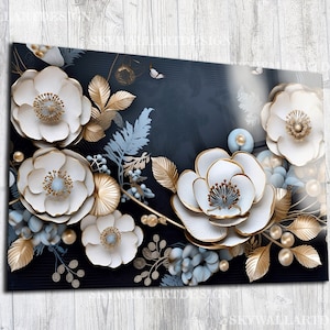 Luxury 3D Floral Glass Wall Art, Gold White Flower Tempered Glass Decor, Elegant Modern Wall Hanging, Floral Glass Panel, Glass Printing