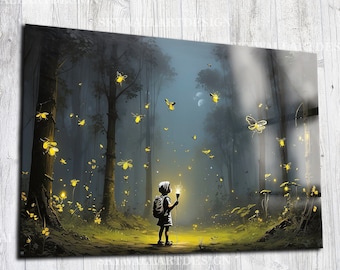 Digital Banksy Print, Firefly Glaskunst, Kind hält eine Laterne im Wald, Wandbehang, Leuchtwald