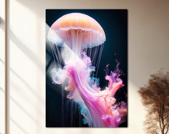 Arte mural de vidrio templado con medusas rosas: decoración costera para el hogar