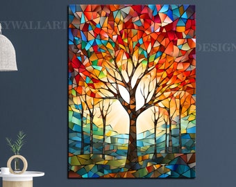 Colorful Tree of Life Canvas Art: Tempered Glass Stained Glass Style