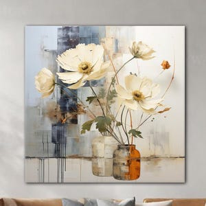 Flores en jarrón lienzo arte de pared, cartel de diseño de flores, pintura de lienzo de pintura de flores minimalista moderna, decoración de arte floral de jarrón, arte vintage