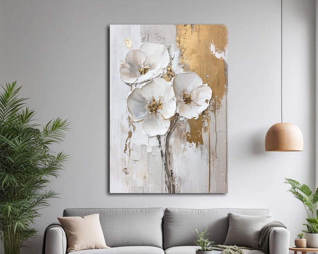 White Abstract Floral Canvas Art, Modern Gold Wall Decor Painting ...