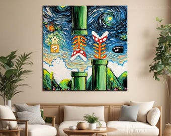 Mario World Canvas Art: Van Gogh Starry Night Style, Game Room Decor