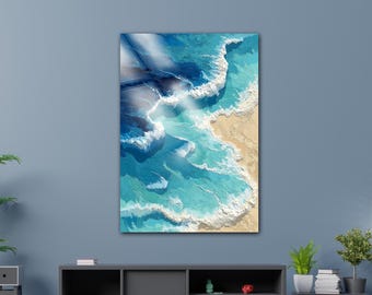 Ocean Wave Tempered Glass Wall Art: Coastal Beach Decor