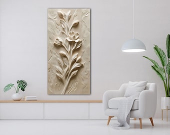 Lienzo floral beige: impresión botánica texturizada, decoración minimalista