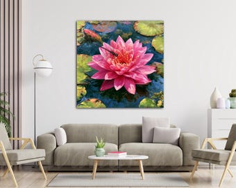 Pink Water Lily Canvas Art, Dragonfly Flower Painting, Botanical Nature Print