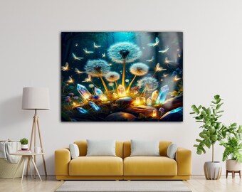 Dandelion Glass Wall Art: Vivid Abstract Flower Print, Ready to Hang