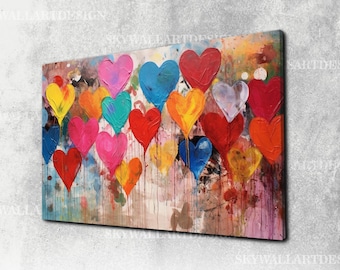 Impresión en lienzo de arte pop con corazones: grafiti de amor colorido para decorar la pared