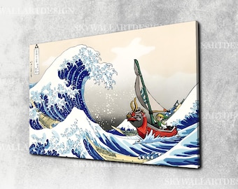 Tela impressa de Zelda Wind Waker, inspirada em ondas, arte de parede para sala de jogos.