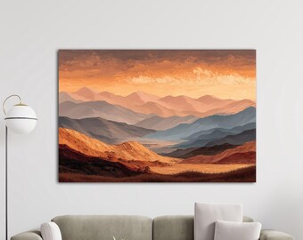 Könnte beinhalten: Ein rechteckiges Landschaftsgemälde, das eine Bergkette unter einem Sonnenuntergangshimmel darstellt. Das Kunstwerk zeigt Bergschichten in Orange-, Braun- und Blautönen, wodurch ein Gefühl von Tiefe und Ruhe entsteht.