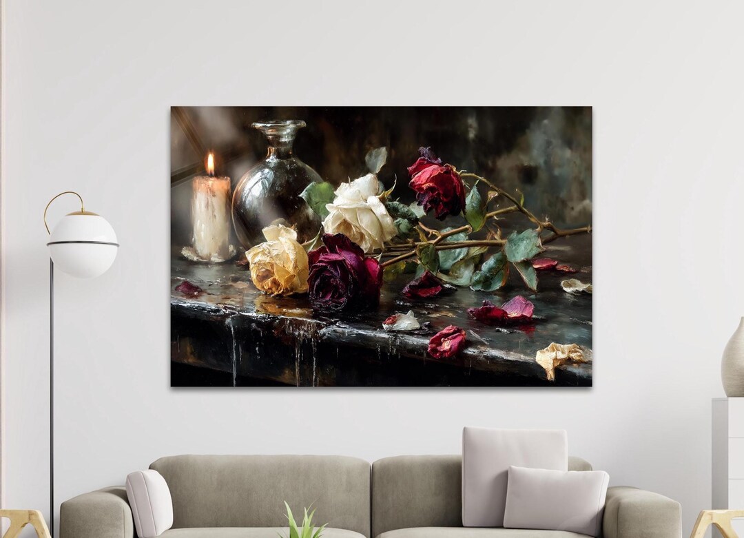 Vintage Rose Still Life Glass Wall Art, Romantic Floral Painting With ...
