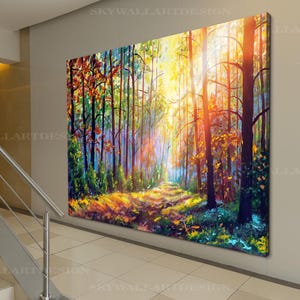 Arte de pared con paisaje de bosque iluminado, pintura al óleo de bosque, póster impreso en lienzo de bosque otoñal, obra de arte multicolor, decoración de pared de bosque abstracto