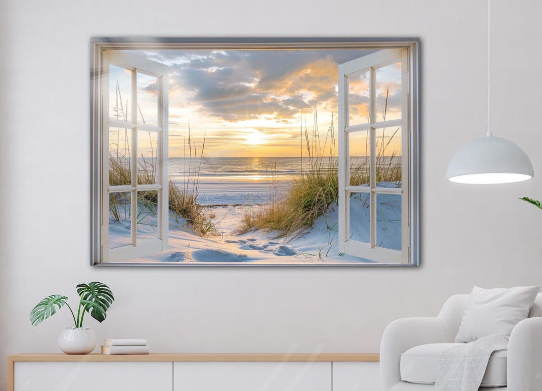 Beach Sunset Window Tempered Glass Wall Art, Ocean View Coastal Decor ...