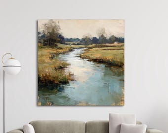Landscape River Painting Canvas, Tranquil Nature Wall Art, Impressionist Landscape Artwork, Rustic Farmhouse Decor