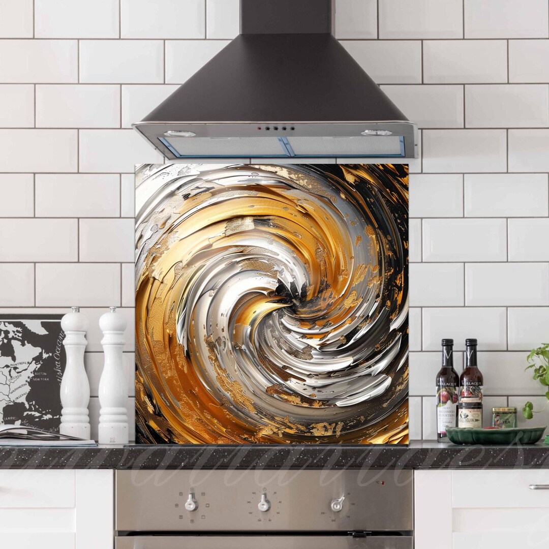 Gold & Silver Abstract Backsplash | Tempered Glass Kitchen Wall Panel ...