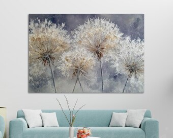 Dandelion Canvas Wall Art, Soft Floral Painting, Neutral Flower Artwork