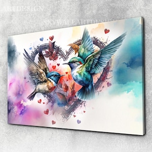 Lindos dos pájaros, cartel de pájaros, decoración de la pared de pájaros, lienzo de arte de colibrí, arte de pared de animales, lienzo de pintura de pájaros, colgante de pared, regalos de arte de pared