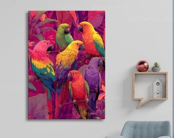 Parrots Canvas Wall Art, Tropical Jungle Home Decor, Colorful Exotic Birds, Ready to Hang
