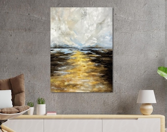 Golden Horizon Abstract Seascape Canvas Art, Modern Wall Decor