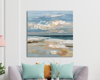 Textured Abstract Coastal Canvas Print, Beige & Blue Seascape