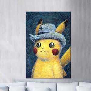 Pikachu Van Gogh Wall Art, Van Gogh Canvas, Famous Artwork Poster, Pikachu Poster,Van Gogh Pikachu Print, Ready To Hang, Reproduction Art