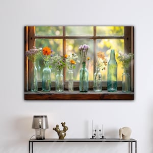 ワイルドフラワー強化ガラスウォールアート、素朴なファームハウス風フラワーデコレーション、ヴィンテージ風窓辺の静物画