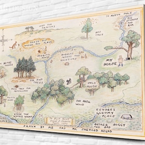 Toile Winnie l'ourson, carte en bois de 100 acres, oeuvre d'art pour carte de film, décoration murale carte, art mural pour chambre d'enfant, impression sur toile carte, tenture murale, cadeaux d'art mural