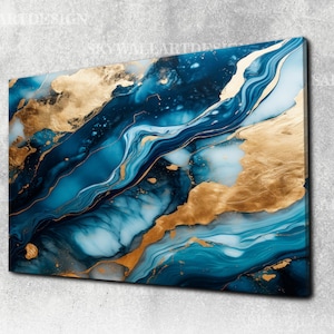 Arte de mármol de oro azul, arte de pintura moderno, diseño de mármol azul, arte de cartel abstracto, decoración de pared grande, obras de arte de mármol azul, arte contemporáneo, lienzo