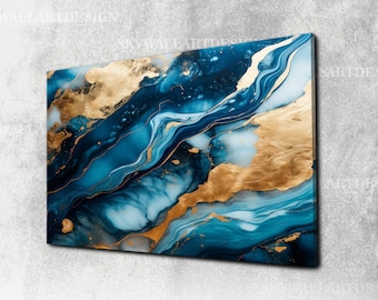 Blue Gold Marble Canvas Art: Modern Abstract Wall Decor