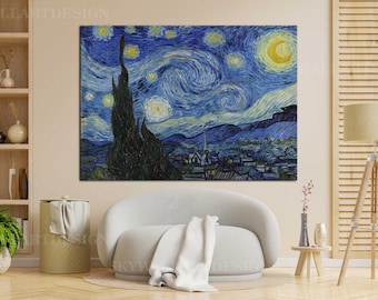 May include: A painting of a starry night sky with a swirling blue and yellow sky, a large yellow moon, and a dark cypress tree in the foreground. The painting is framed and hanging on a wall in a room with a white couch and a wooden floor.