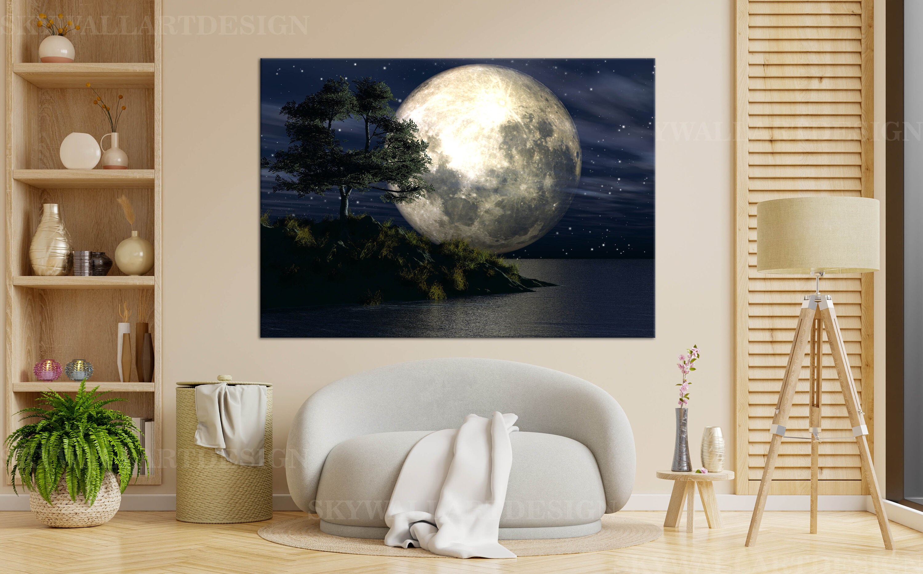 Leinwandbild Vollmond Auf Meer – Schwarz-Weiß, Moderne Wanddekoration, Gallery Wrapped, Inkl. Aufhängung