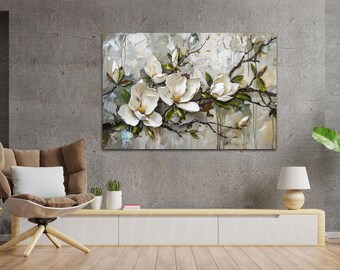 Cuadro de flores de magnolia para pared, pintura floral blanca, impresión botánica grande sobre lienzo, decoración rústica de flores para casa de campo, elegante obra de arte inspirada en la naturaleza.