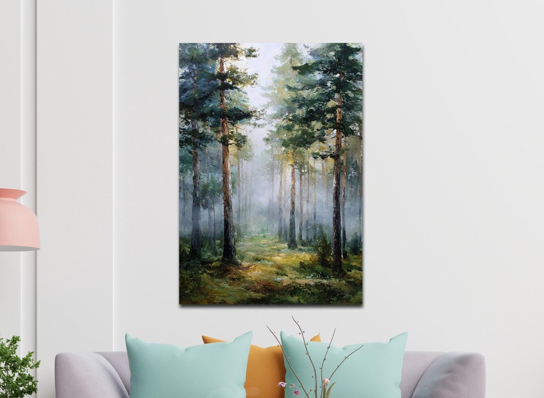 Misty Pine Forest Landscape Painting, Serene Woodland Canvas Print ...