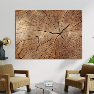 Arte de parede em tela com textura de madeira, impressão em tela com padrão de anéis de árvore, pintura rústica de rachaduras em madeira, decoração de parede inspirada na natureza, impressão em tela emoldurada